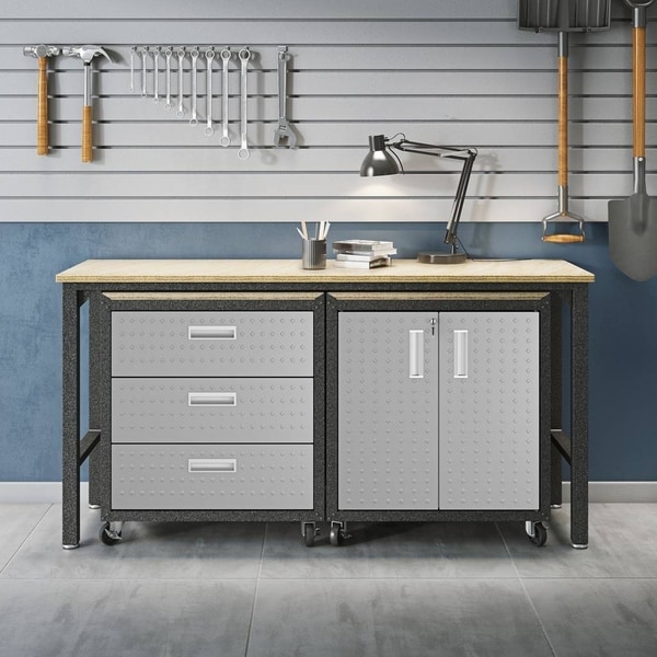 3-Piece Fortress Mobile Space-Saving Steel Garage Cabinet and Worktable 3.0 in Grey