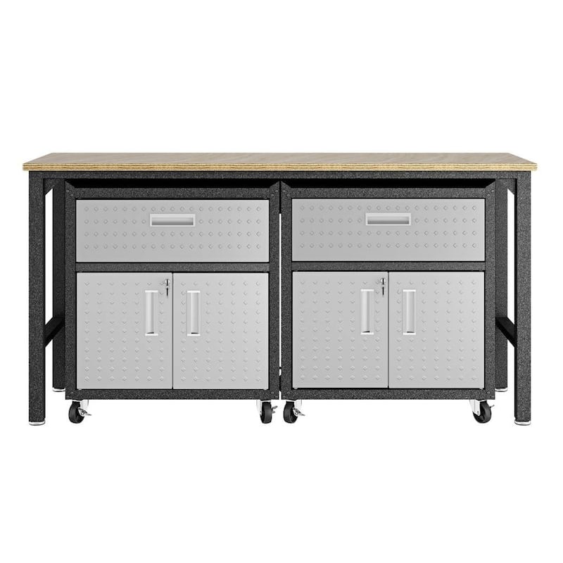 3-Piece Fortress Mobile Space-Saving Steel Garage Cabinet and Worktable 4.0 in Grey