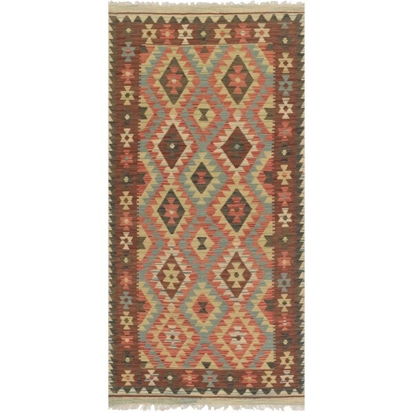 ECARPETGALLERY Flat-weave Kashkoli FW Beige, Dark Burgundy Wool Kilim - 3'3 x 6'11