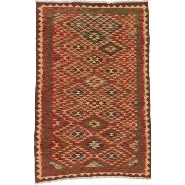 ECARPETGALLERY Flat-weave Kashkoli FW Dark Red, Light Gold Wool Kilim - 4'10 x 7'5