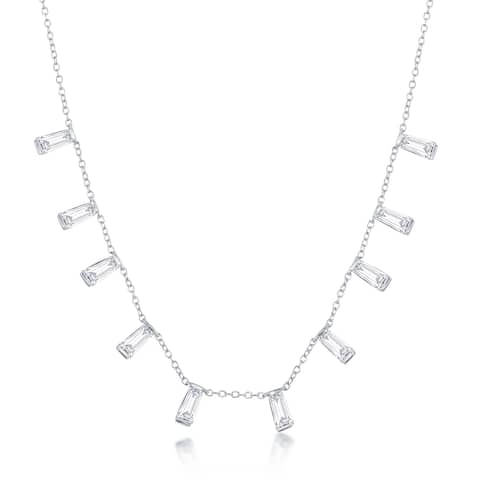 La Preciosa Sterling Silver or Rose Gold High Polish Dangling Baguette Cubic Zirconia 16+2'' Necklace