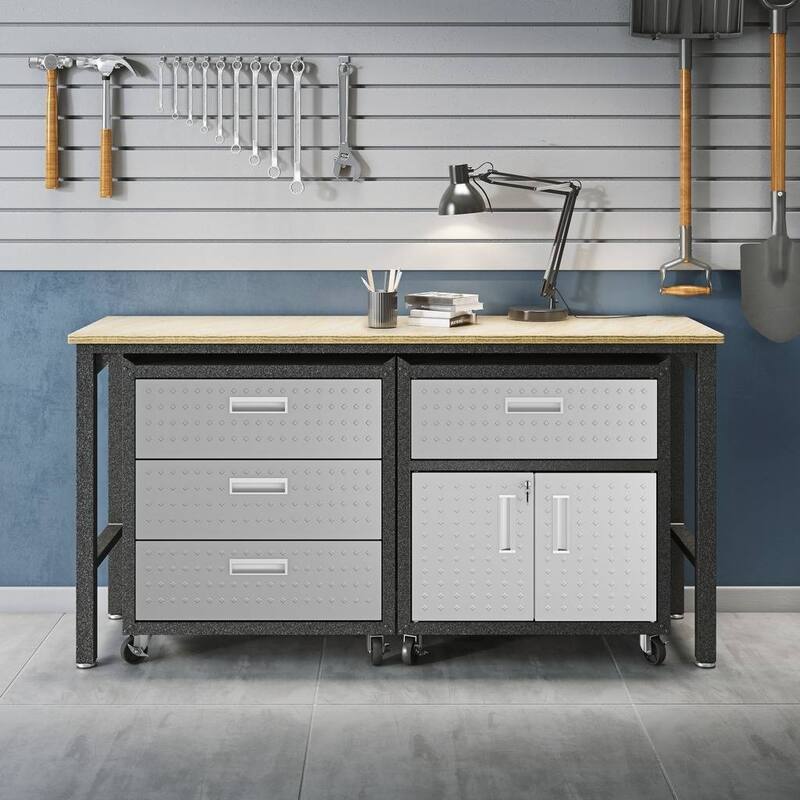 3-Piece Fortress Mobile Space-Saving Steel Garage Cabinet and Worktable 5.0 in Grey