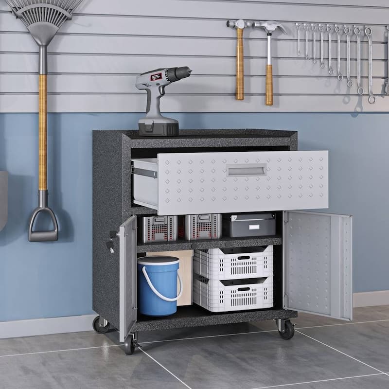 3-Piece Fortress Mobile Space-Saving Steel Garage Cabinet and Worktable 2.0 in Grey