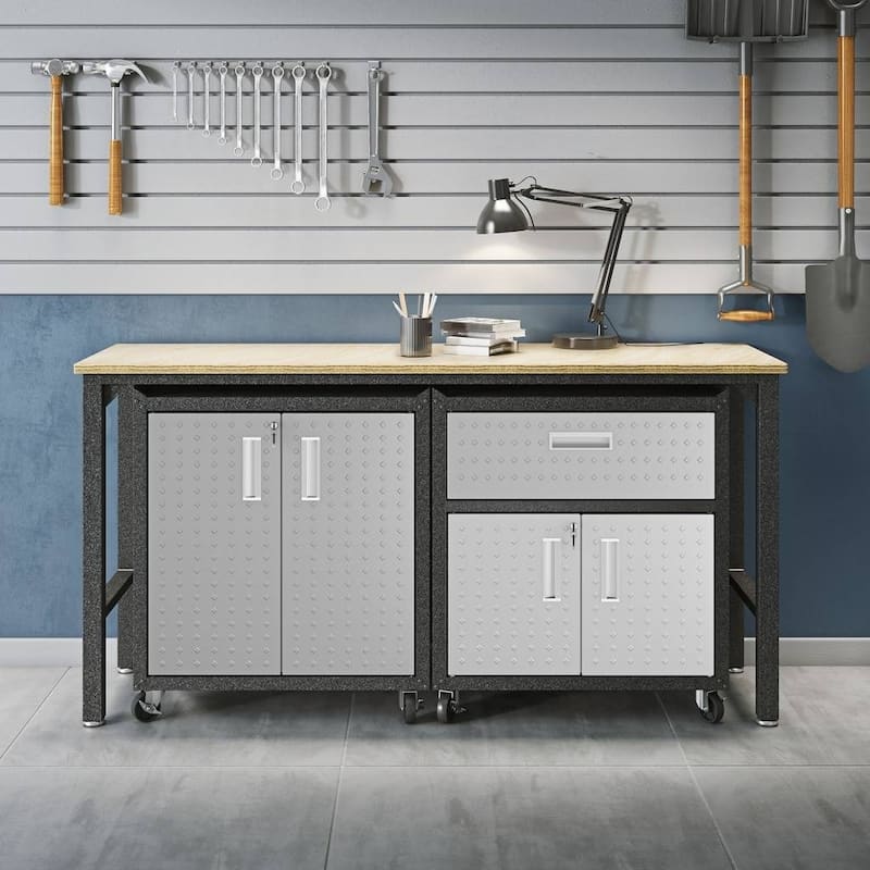 3-Piece Fortress Mobile Space-Saving Steel Garage Cabinet and Worktable 2.0 in Grey