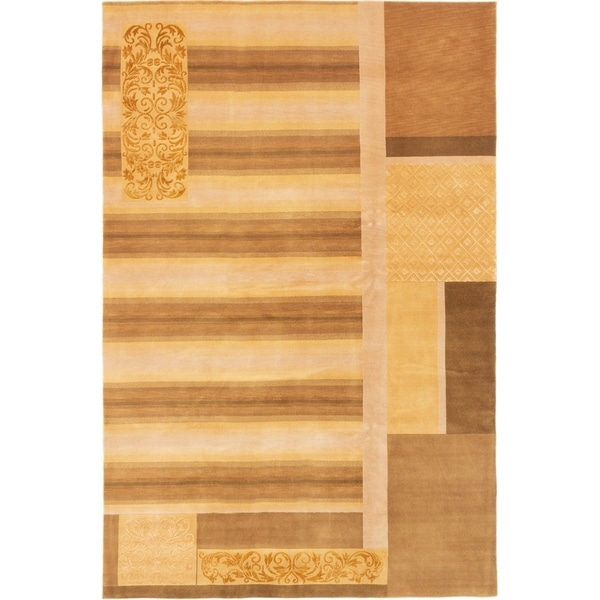 ECARPETGALLERY Hand-knotted Silk Touch Light Brown, Light Gold Silk, Wool Rug - 6'0 x 9'1