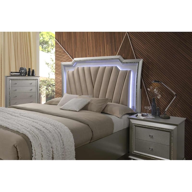 ACME Kaitlyn California King Bed with LED Headboard in PU and Champagne