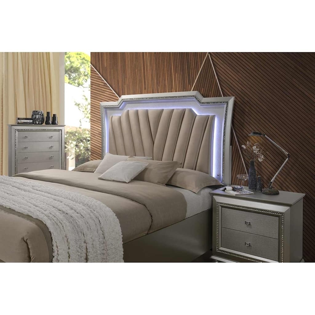 ACME Kaitlyn California King Bed with LED Headboard in PU and Champagne