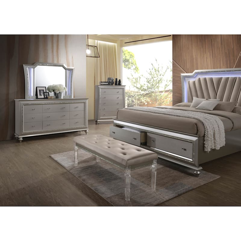 ACME Kaitlyn California King Bed with LED Headboard in PU and Champagne