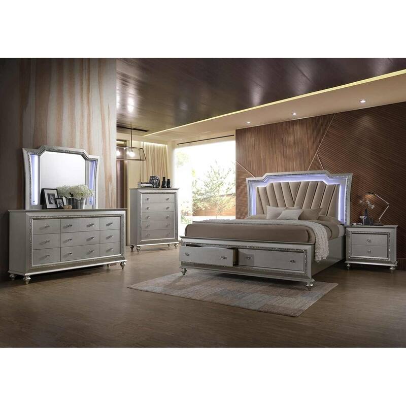 ACME Kaitlyn California King Bed with LED Headboard in PU and Champagne