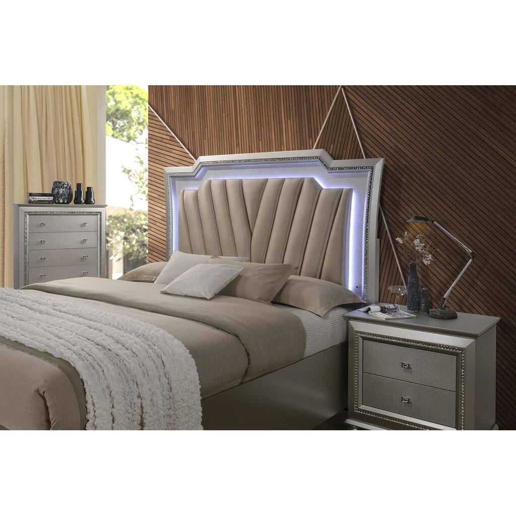 ACME Kaitlyn California King Bed with LED Headboard in PU and Champagne