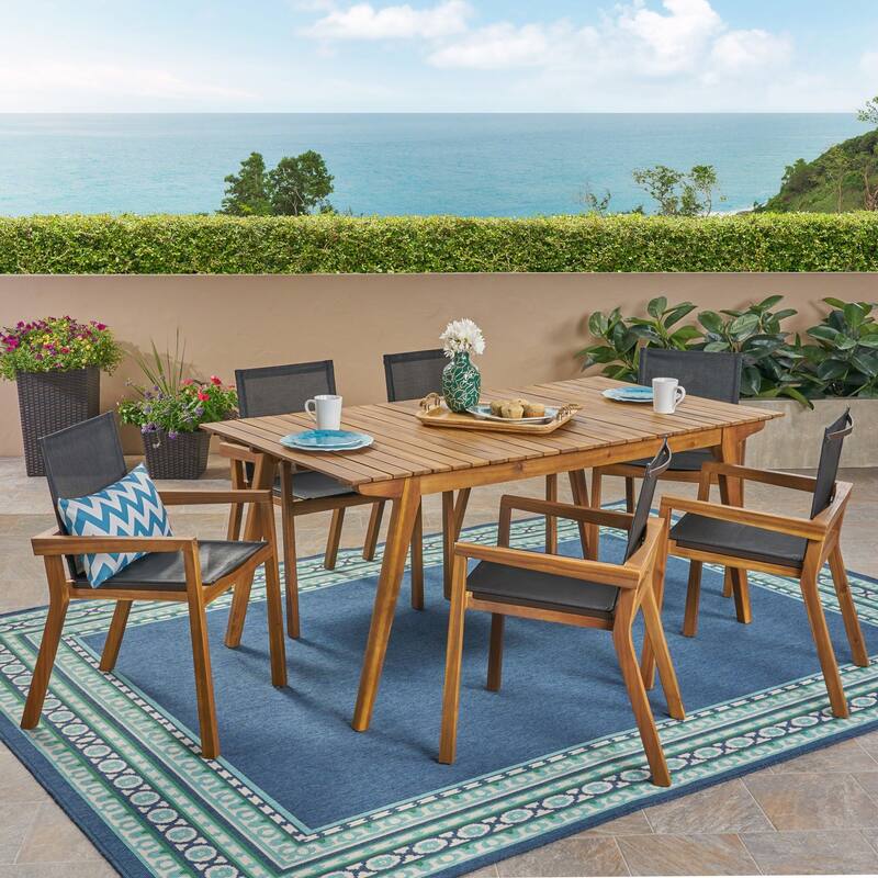 Copperfield Outdoor Acacia Wood 7 Piece Dining Set with Mesh Seats by Christopher Knight Home