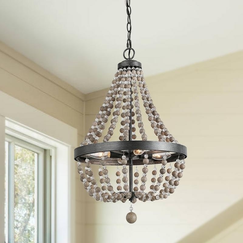 LNC 4-Light Wood Bead Empire Chandeliers Bohemian Lighting 16" - W16.1"x H25.4" (W16.1"x H25.4") - Chandeliers For Bedrooms by Overstock.com
