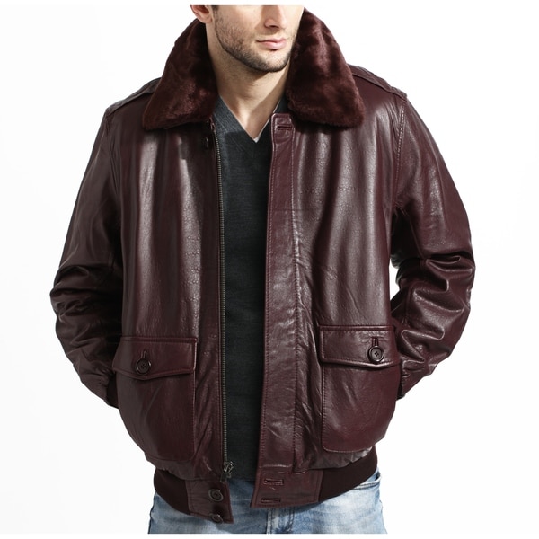 Men's Burgundy Aviator Lambskin Bomber Jacket with Detachable Collar