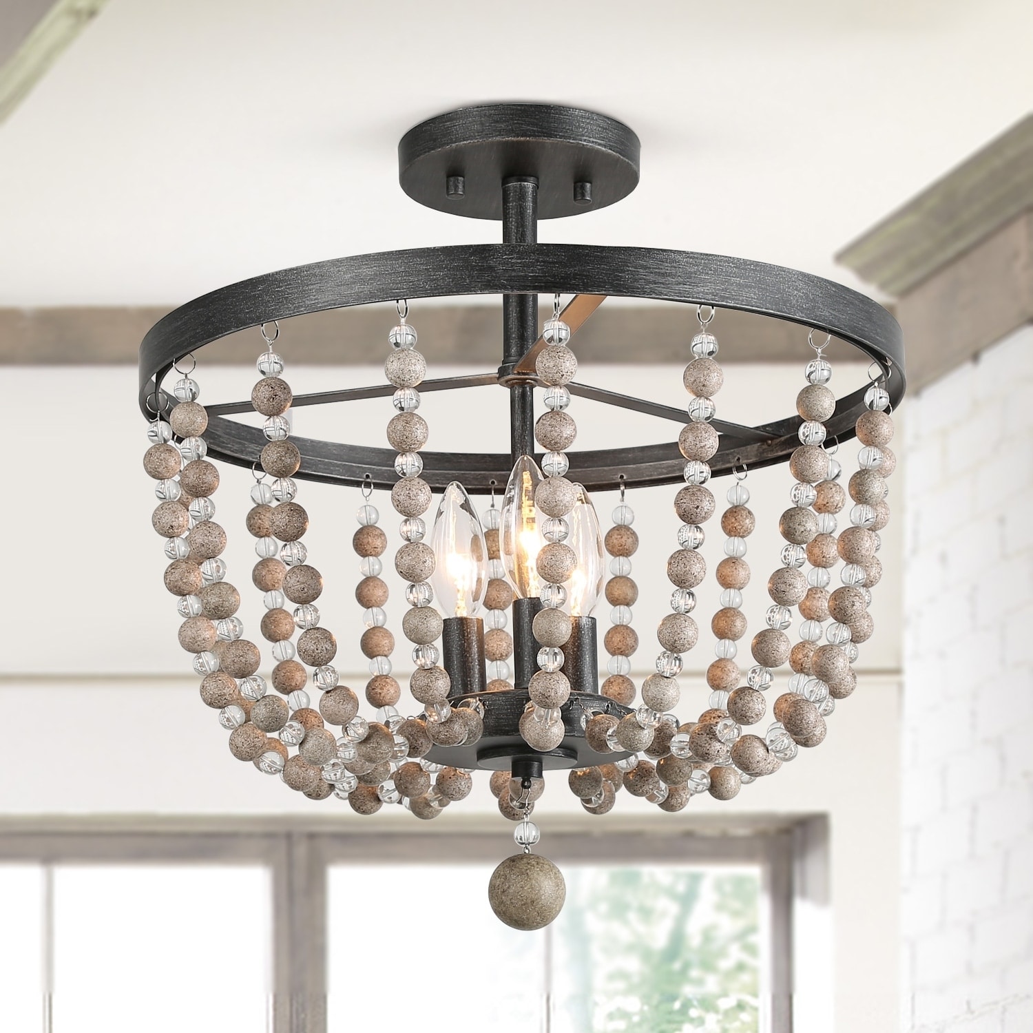 Lnc Bohemian 3 Light Flush Mounts Distressed Wood Beads Ceiling Lights W16 X H17