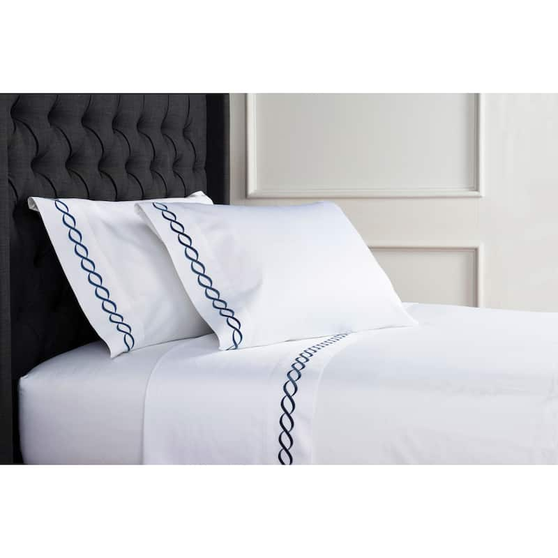 Home Sweet Home Collection 600 Thread Count Cotton Rope Embroidery Bed Sheet Set - Navy - King