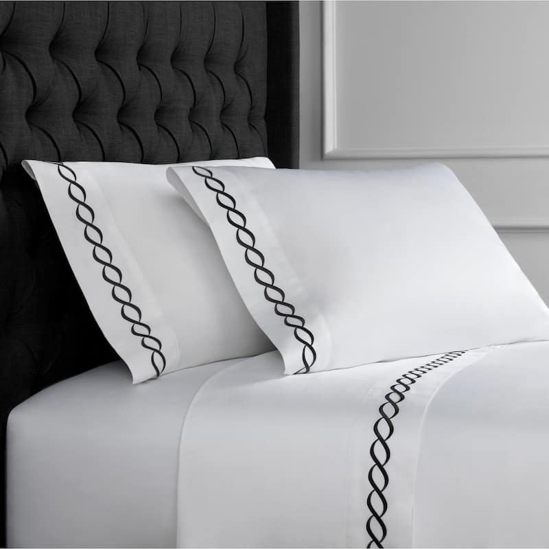 Home Sweet Home Collection 600 Thread Count Cotton Rope Embroidery Bed Sheet Set - Black - Twin