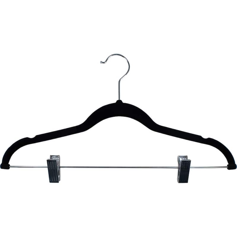 Black Flocked Velvet Slim Line Pants Hangers with Clips, Ultra Thin Non-Slip Skirt Hangers with Swivel Hook and Notches