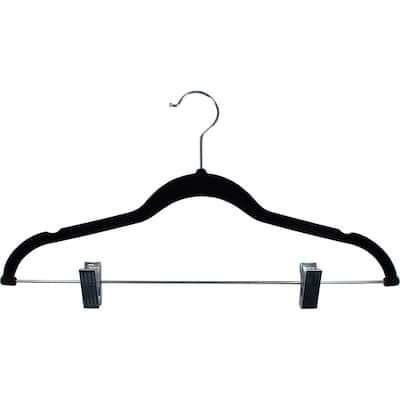 Black Flocked Velvet Slim Line Pants Hangers with Clips, Ultra Thin Non-Slip Skirt Hangers with Swivel Hook and Notches