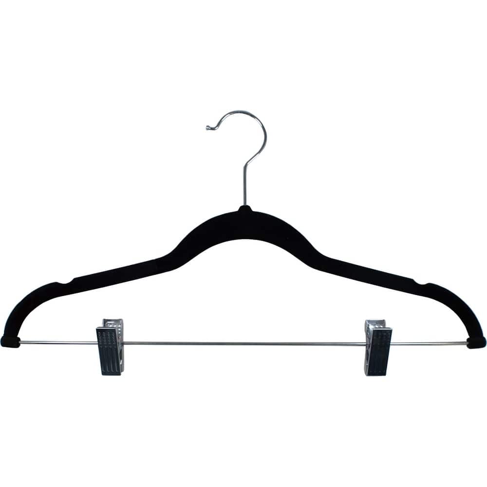 Black Flocked Velvet Slim Line Pants Hangers with Clips, Ultra Thin Non-Slip Skirt Hangers with Swivel Hook and Notches