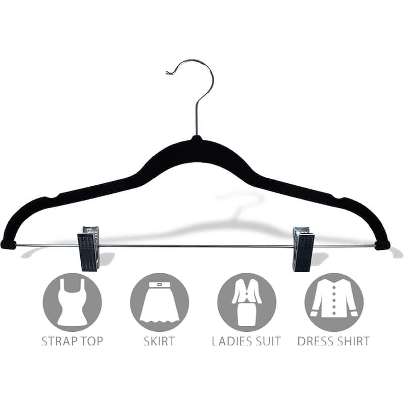 Black Flocked Velvet Slim Line Pants Hangers with Clips, Ultra Thin Non-Slip Skirt Hangers with Swivel Hook and Notches
