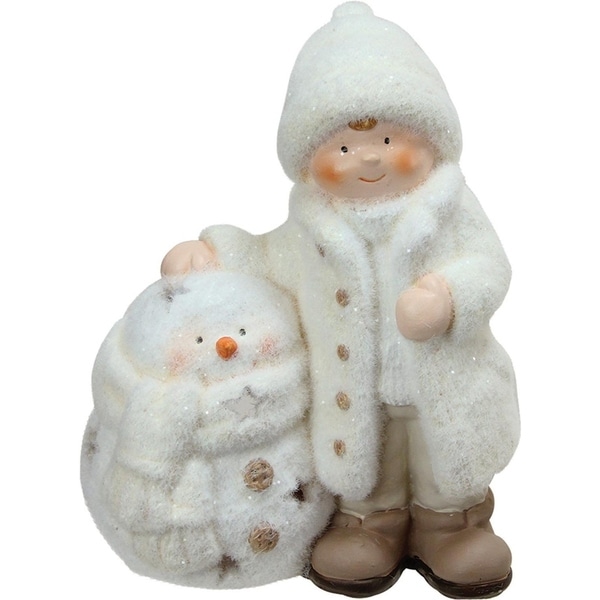 8.75" White Tealight Snowman with Standing Boy Christmas Candle Holder