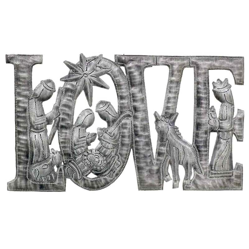 Handmade LOVE Metal Art with Nativity Scene (9" x 14") (Haiti) - N/A