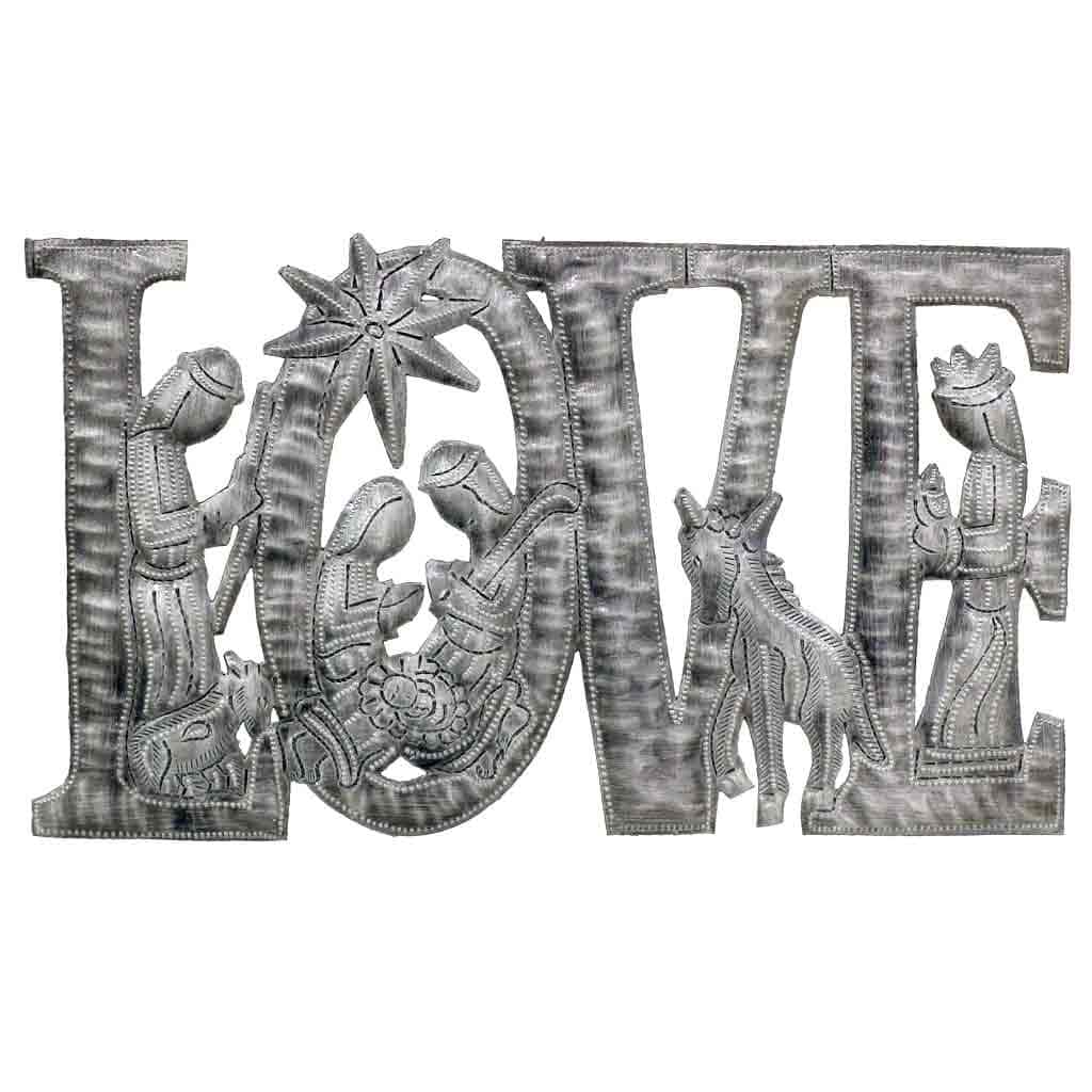 Handmade LOVE Metal Art with Nativity Scene (9" x 14") (Haiti)