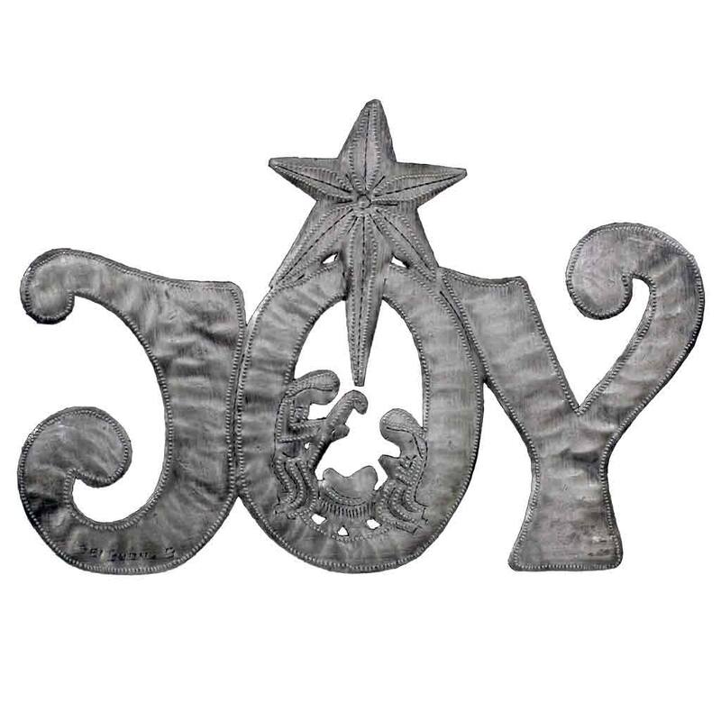 Handmade JOY Metal Art with Nativity Scene (11" x 8") (Haiti) - N/A