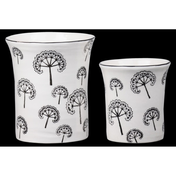 Urban Trends Ceramic Round Pot with Black Trumpet Rim Mouth, Printed Dandelion Pattern Body in Gloss Finish, White - Set of 2