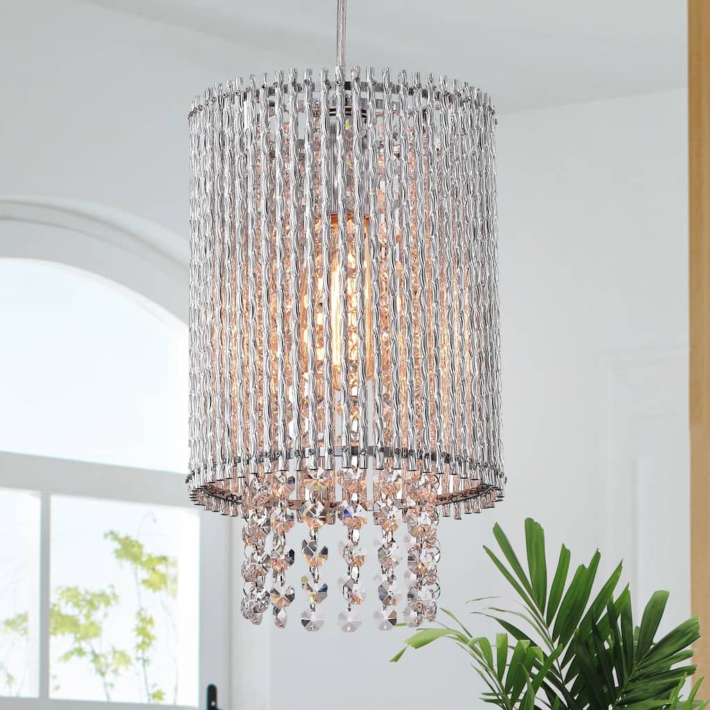 Crystallo 8-inch Chrome 1-Light Drapped Crystal Cylinder Chrome Chandelier