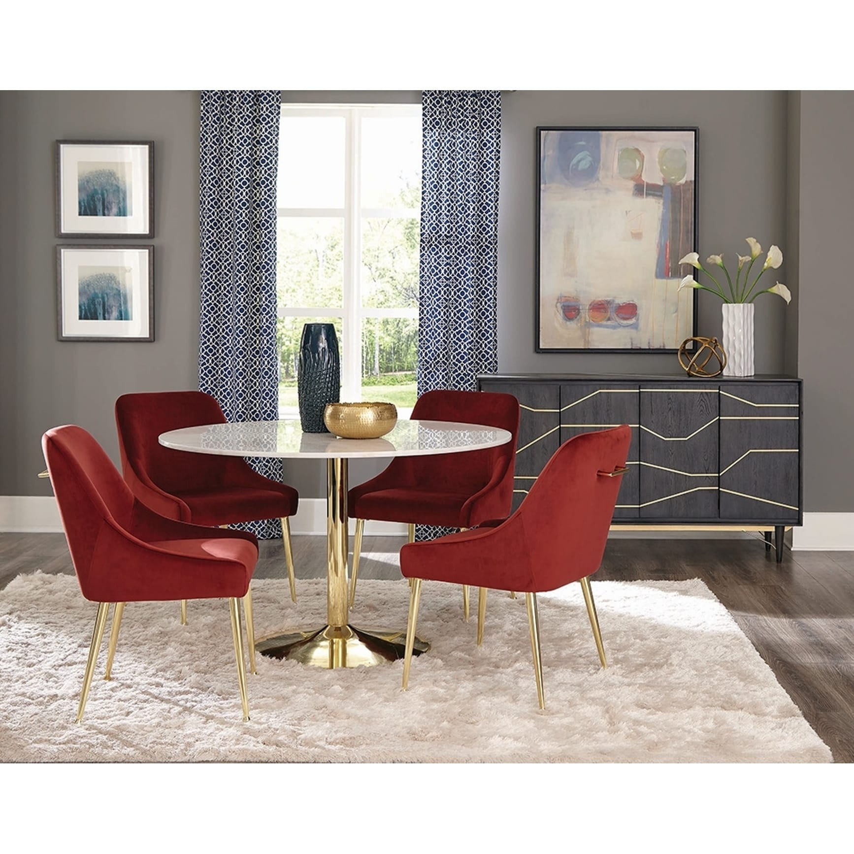 Shop Marble And Brass Round Dining Set With Red Velvet Chairs And Matching Buffet Server On Sale Overstock 24106795