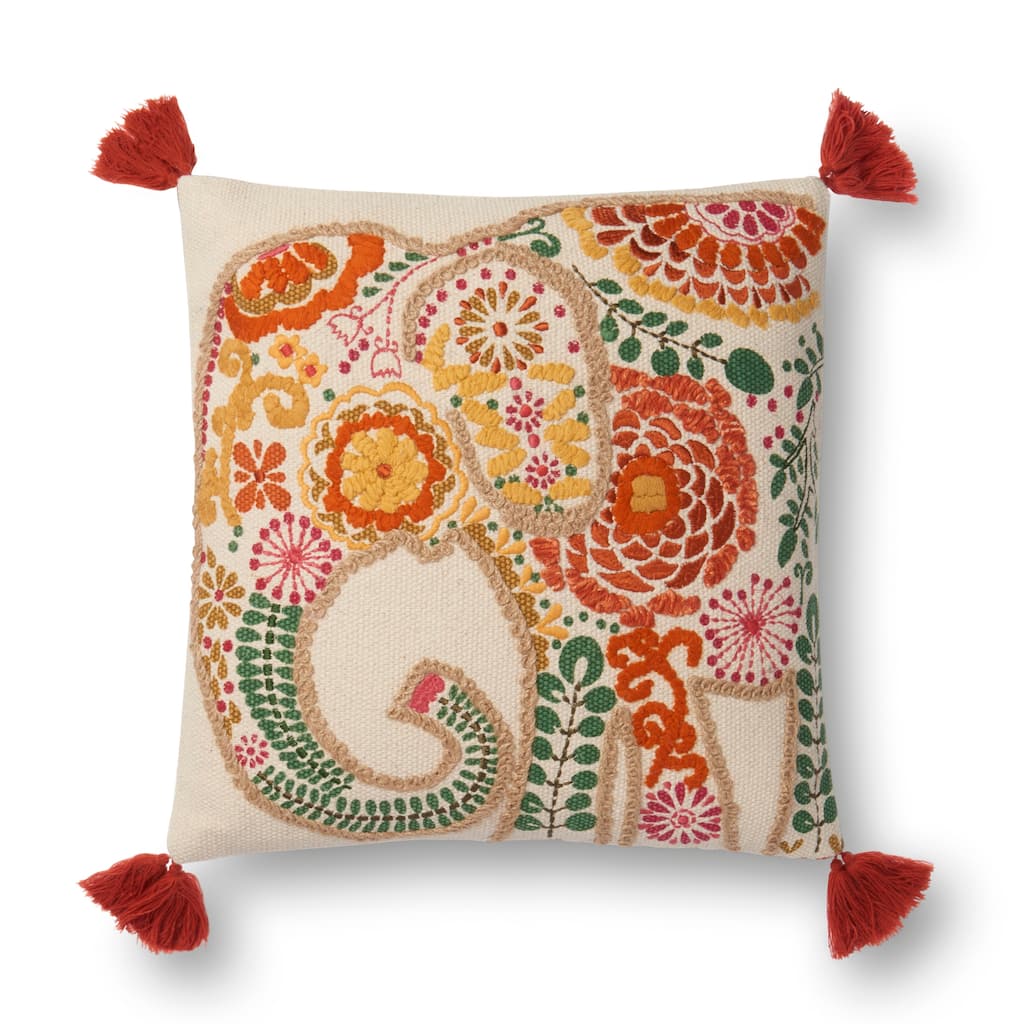 Embroidered Orange/ Ivory Multi Elephant 18-inch Cotton Pillow Cover