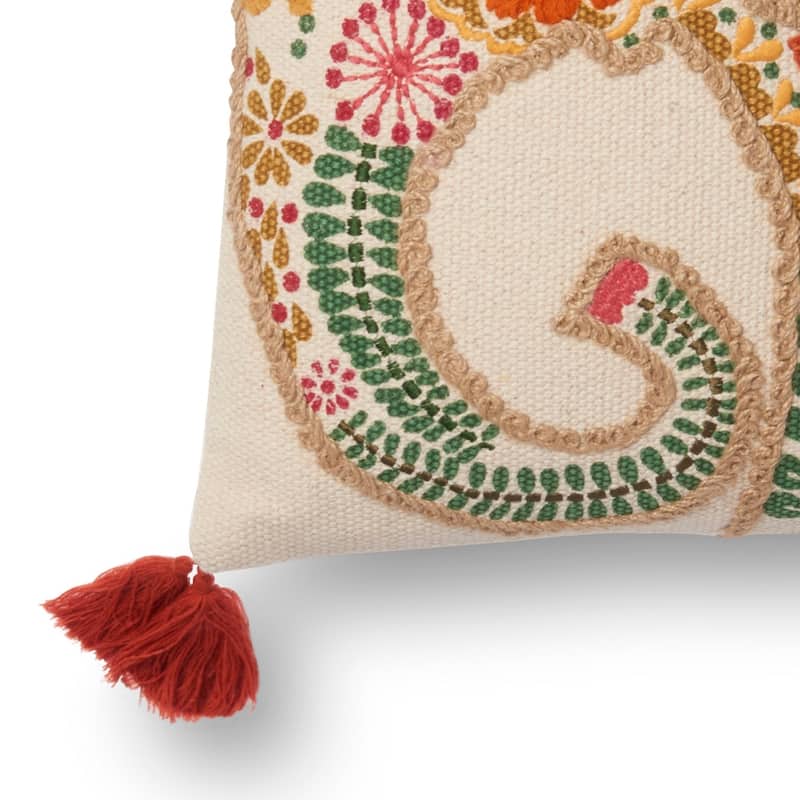 Embroidered Orange/ Ivory Multi Elephant 18-inch Cotton Pillow Cover