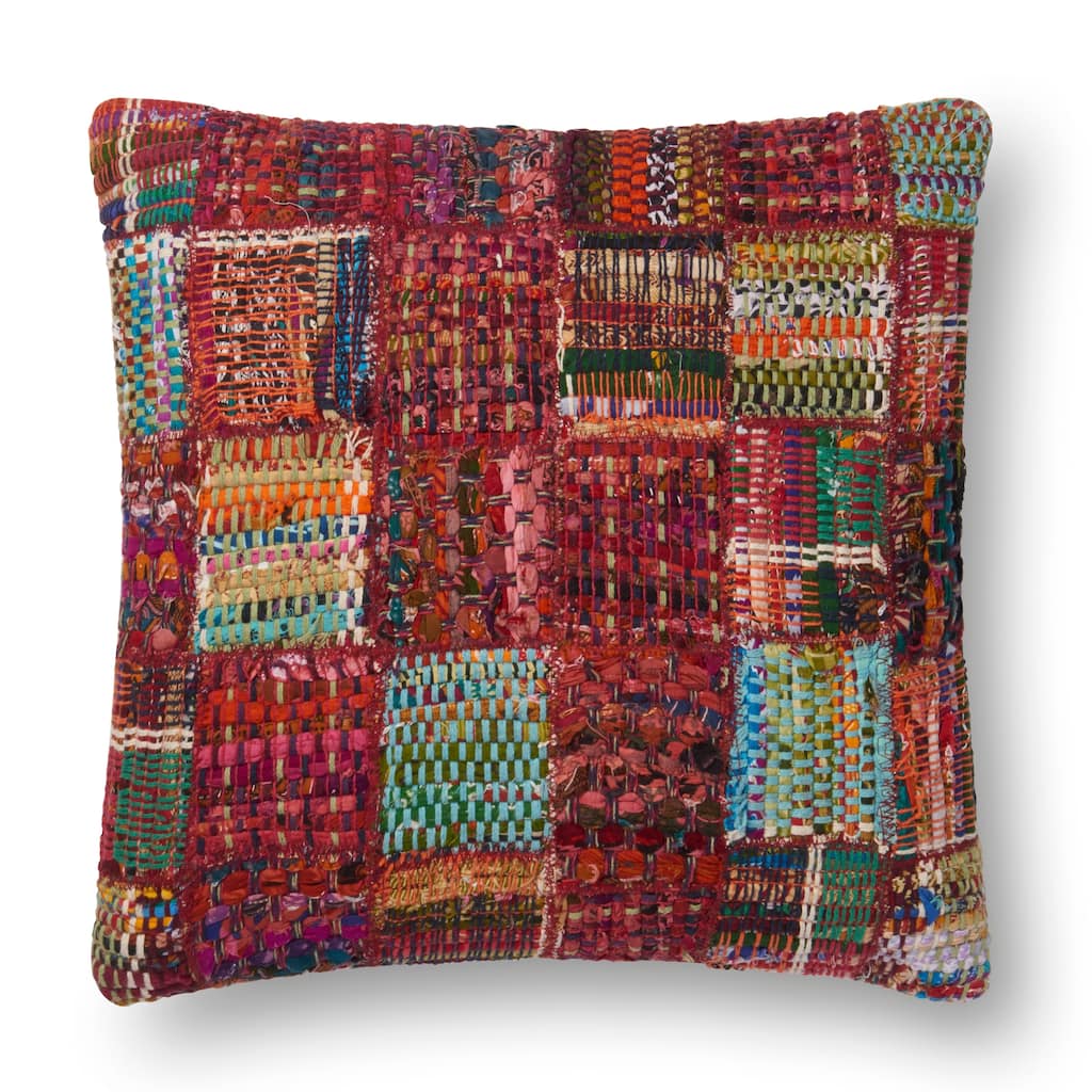 Woven Red Multi Patchwork Wool/ Cotton 22-inch Pillow Cover