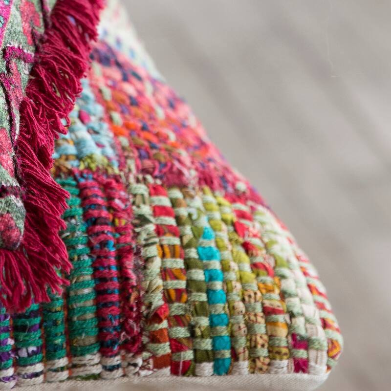 Woven Red Multi Patchwork Wool/ Cotton 22-inch Pillow Cover