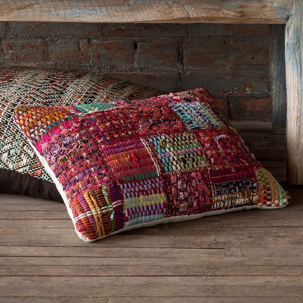Woven Red Multi Patchwork Wool/ Cotton 13 x 21 Pillow Cover