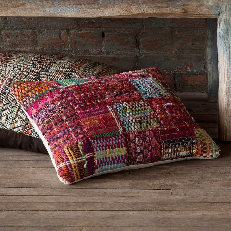 Woven Red Multi Patchwork Wool/ Cotton 13 x 21 Pillow Cover