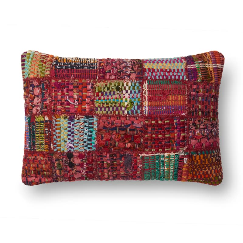 Woven Red Multi Patchwork Wool/ Cotton 13 x 21 Pillow Cover