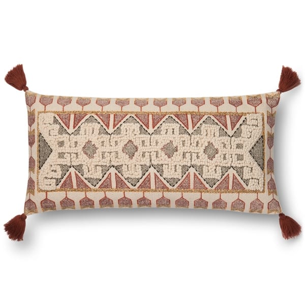 Embroidered Natural Rust Geometric Boho 12 X 27 Cotton Pillow