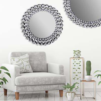 Crystal Beaded Jeweled Round Wall Mount Mirror - Silver