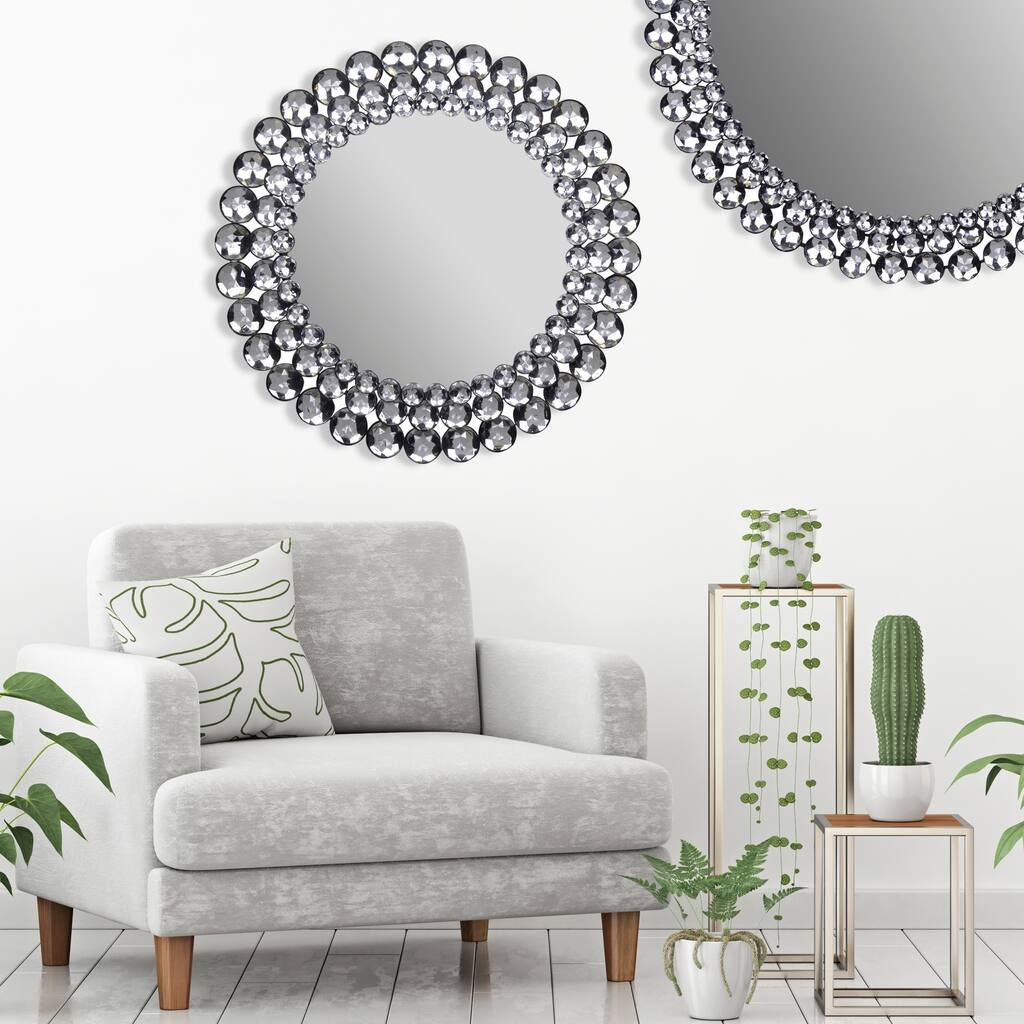 Crystal Beaded Jeweled Round Wall Mount Mirror - Silver
