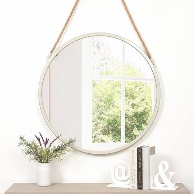 30" Round Metal Wall Mirror with Rustic Hanging Rope - White