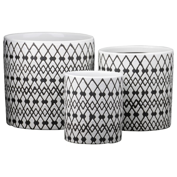 Urban Trends Ceramic Round Pot with Overlocking Diamonds Design Body and Bottom Drainage Hole in Gloss Finish, White - Set of 3