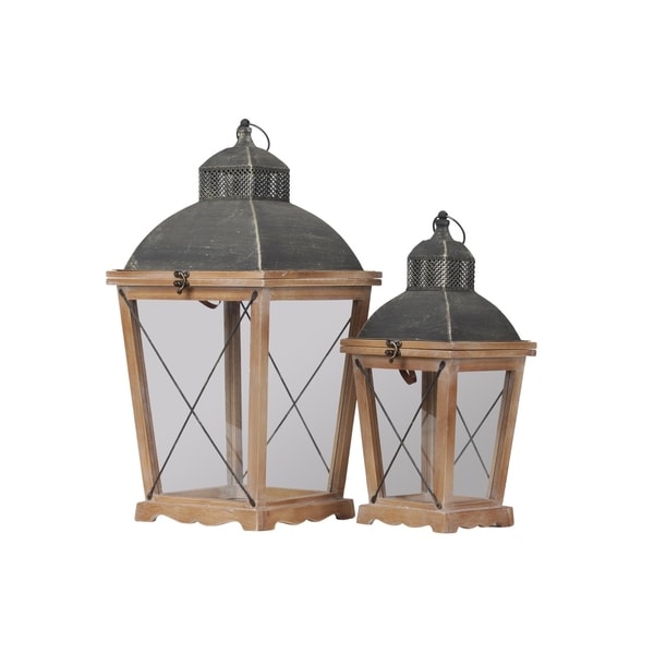 Urban Trends Wood Square Lantern with Metal Pierced Finial Top and Tapered Bottom in Natural Finish, Brown - Set of 2