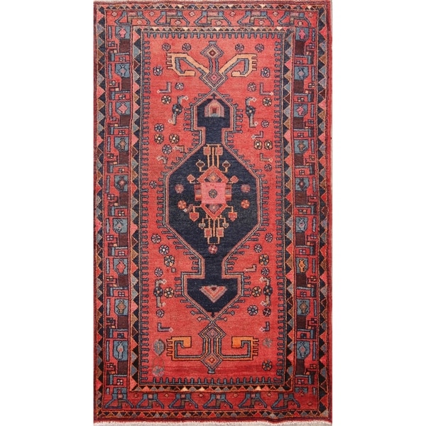 Vintage Hand Knotted Wool Geometric Hamedan Persian Foyer Area Rug - 7'4" x 4'3"