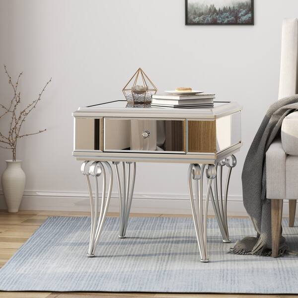 Helenius Modern Tempered Glass Mirrored Accent Table with Drawer by