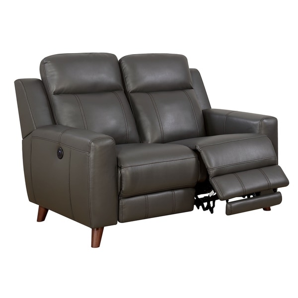 Transitional Leather Gel Recliner Love Seat With Power Outlet, Gray