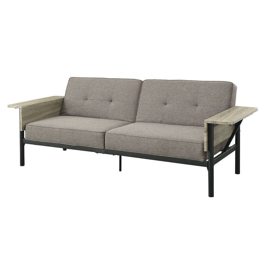 Metal Framed Fabric Upholstered Futon Sofa with Wooden Armrests, Gray