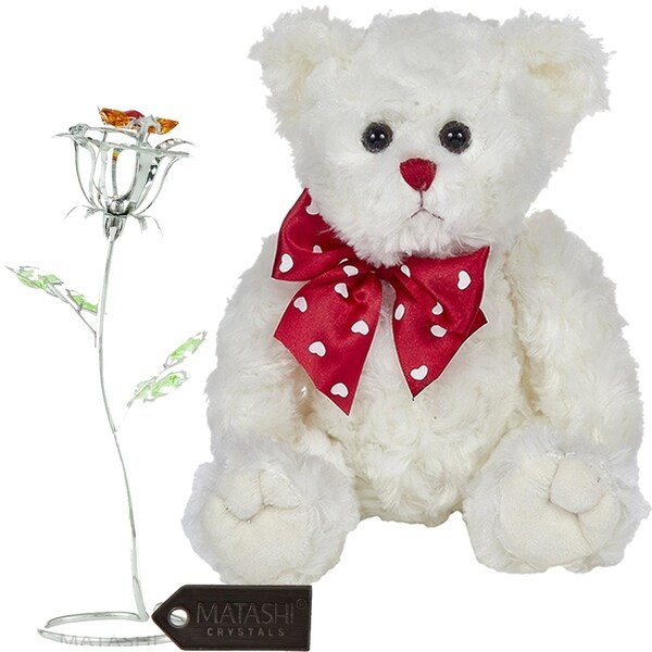 Matashi KTMTFLT53 Rose Flower Gift Tabletop Ornament w Crystals, Best Lovable Flowers (Bear & Flower Set, Large, Silver)