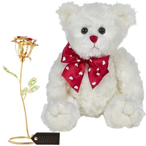 Matashi Rose Flower Gift Tabletop Ornament w Crystals, Best Lovable Gift Flowers (Bear & Flower Set, Large, Gold)